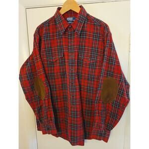 Polo Ralph Lauren Men's Red Plaid Woodsman Workshirt Leather Elbow Patches LRG